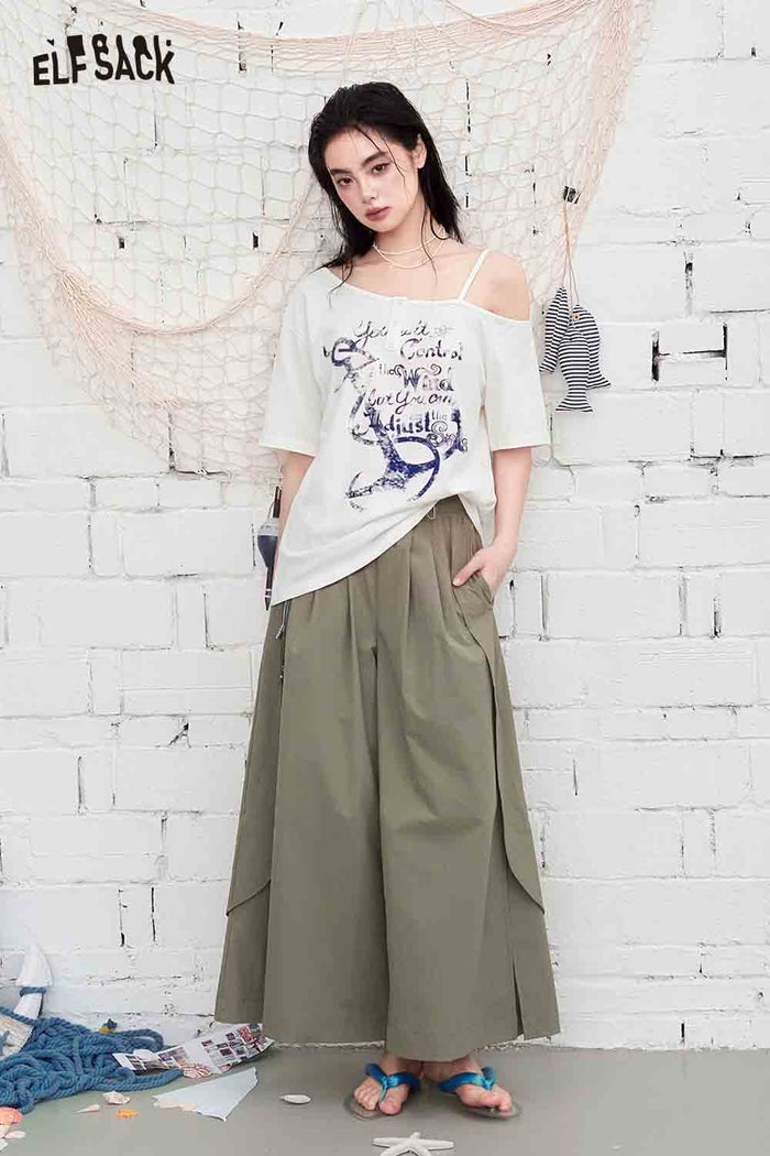 ELFSACK Irregular Hem High-Waisted Wide Leg Culottes