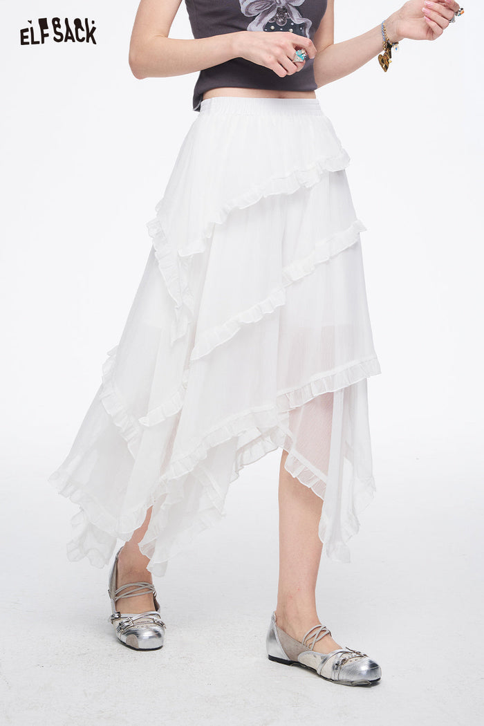 ELFSACK Irregular Layered Mesh Chic Skirt