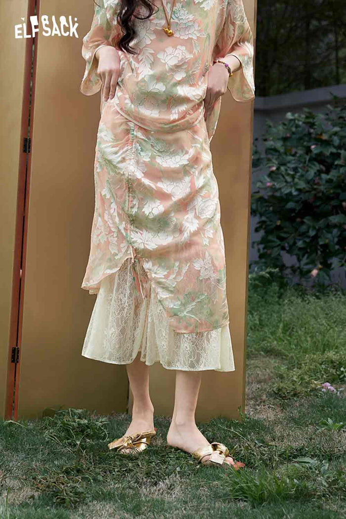 ELFSACK Jacquard Lace Trim Side Slit Skirt