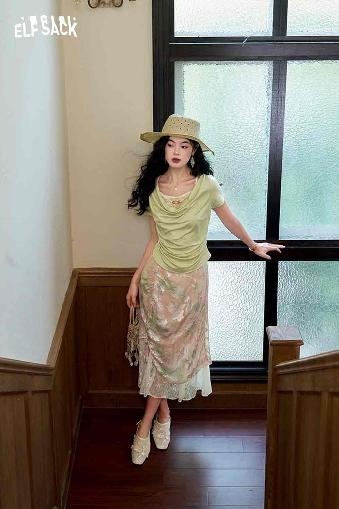 ELFSACK Jacquard Lace Trim Side Slit Skirt