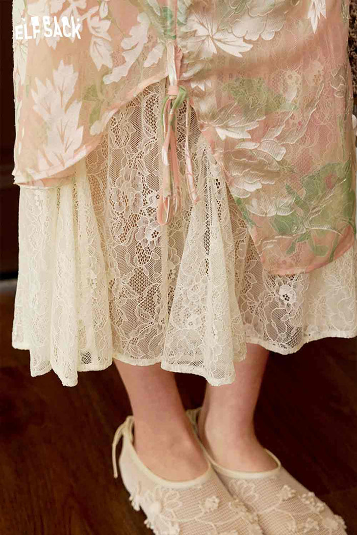 ELFSACK Jacquard Lace Trim Side Slit Skirt
