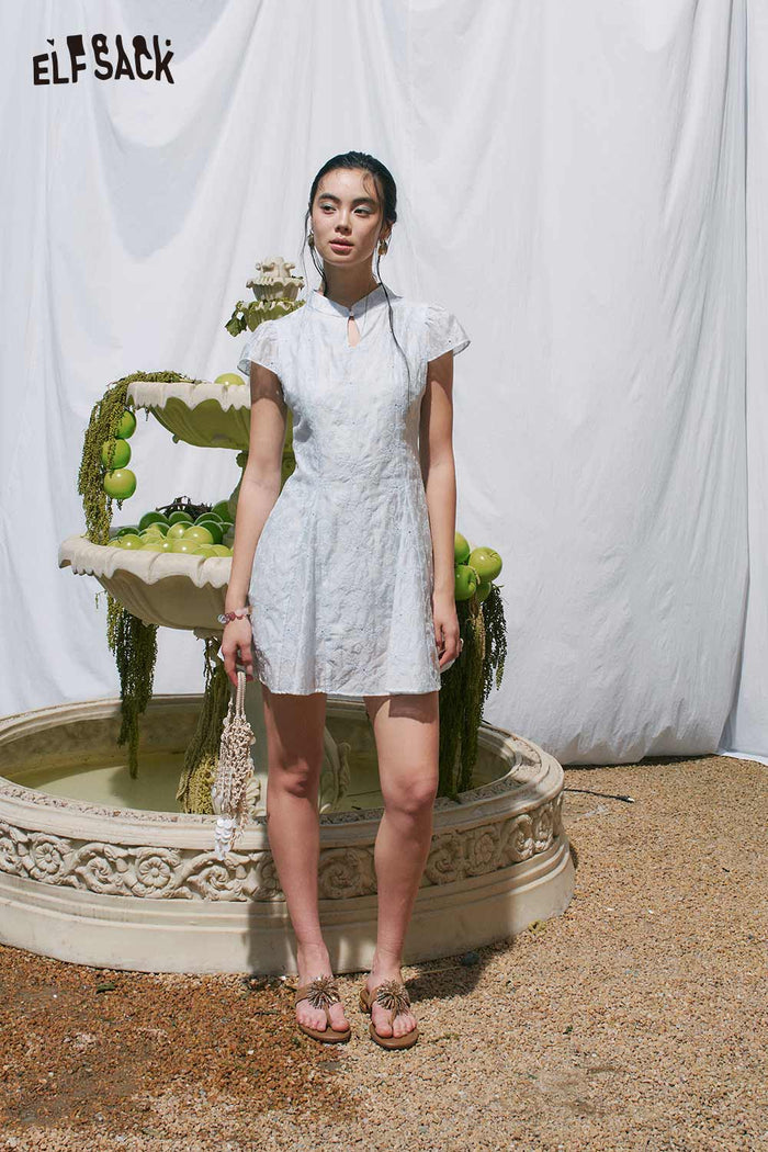 ELFSACK Jacquard Mandarin Collar A Line Mini Dress