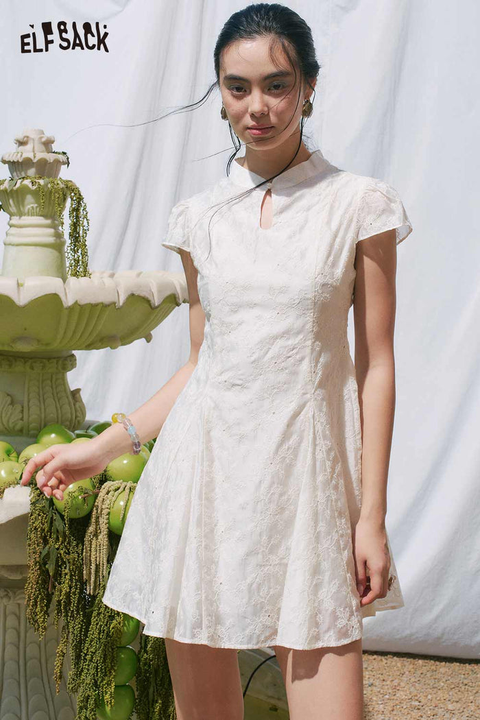 ELFSACK Jacquard Mandarin Collar A Line Mini Dress