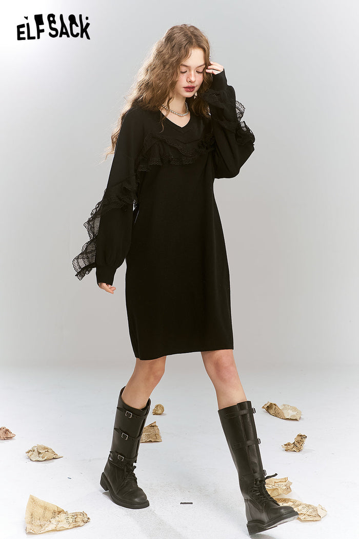 ELFSACK Knitted dress black mesh splicing v-neck female elegant