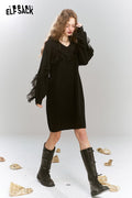 ELFSACK Knitted dress black mesh splicing v-neck female elegant
