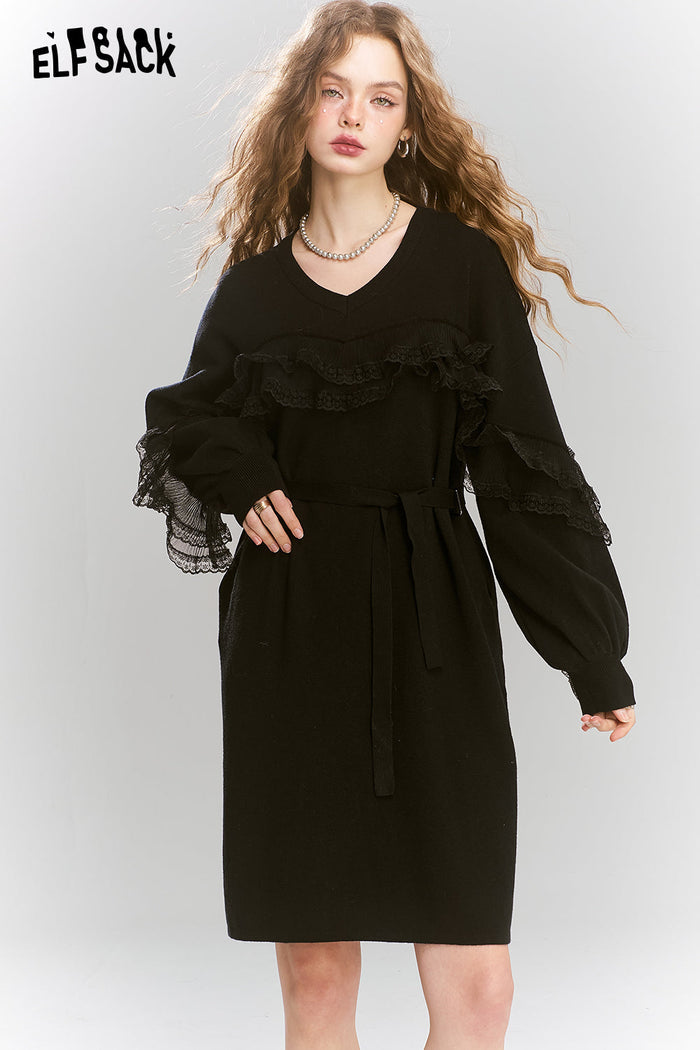 ELFSACK Knitted dress black mesh splicing v-neck female elegant