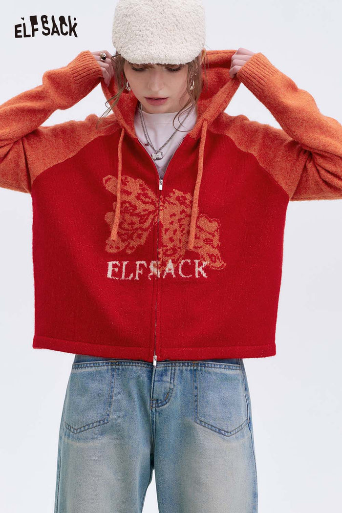 ELFSACK Koi Color Block Hooded Cardigan Spring Sweet Casual Knit