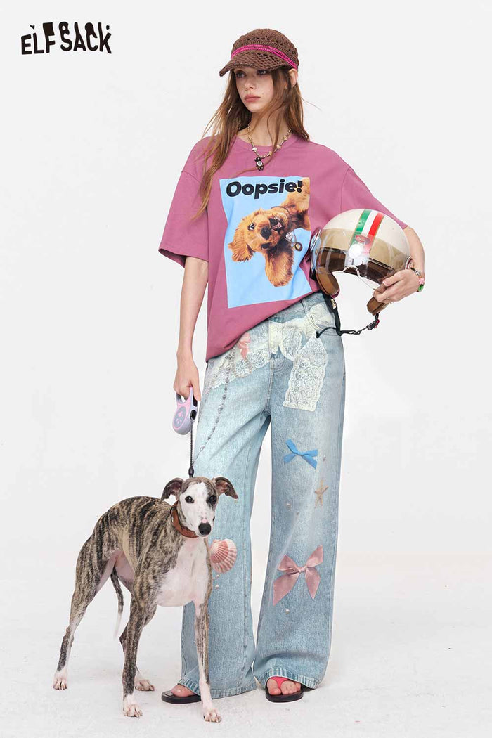 ELFSACK Lace Bow Shell Print Wide Leg Jeans