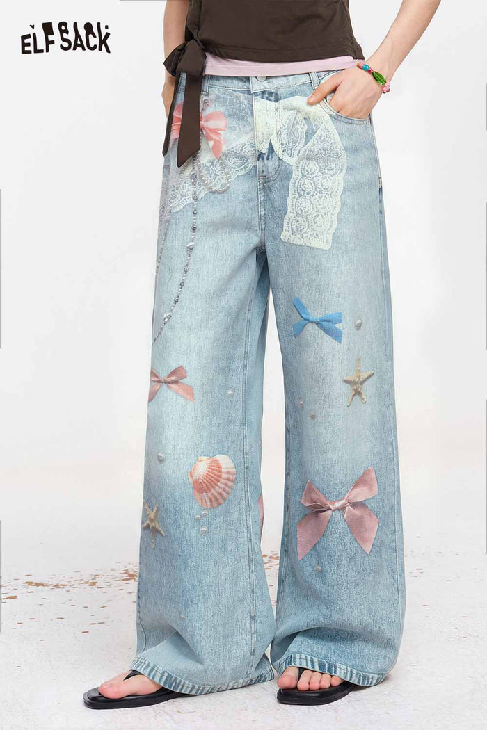 ELFSACK Lace Bow Shell Print Wide Leg Jeans