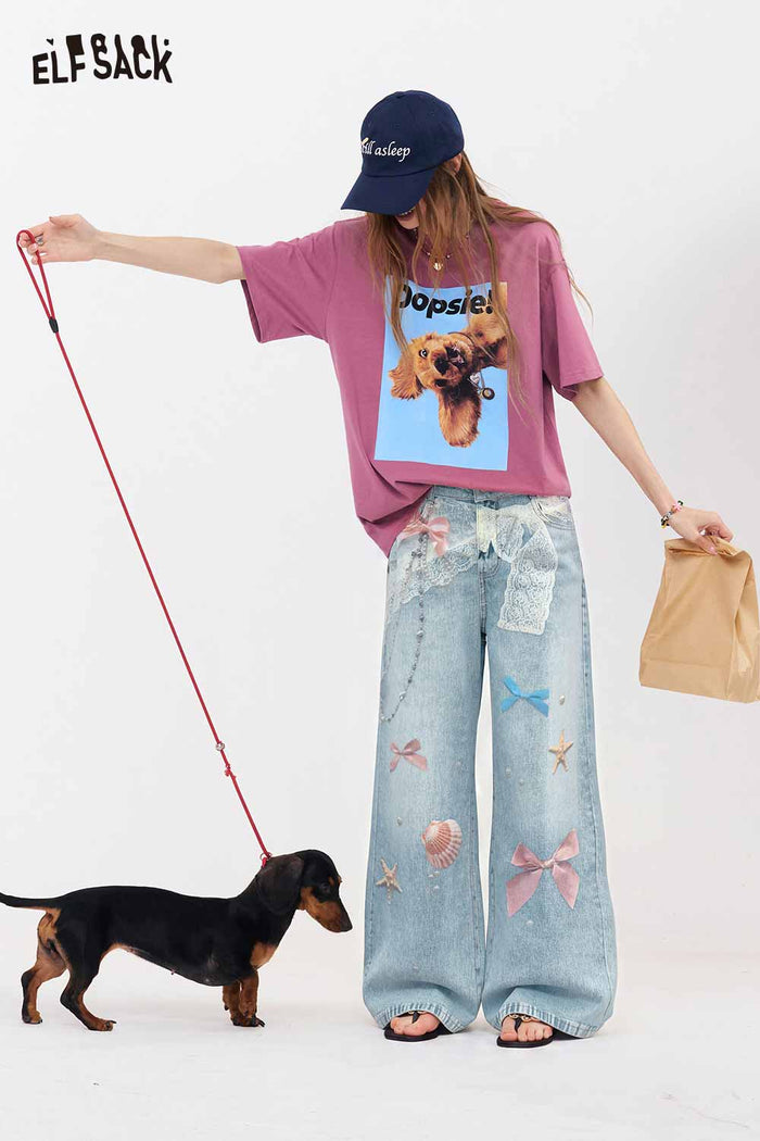 ELFSACK Lace Bow Shell Print Wide Leg Jeans