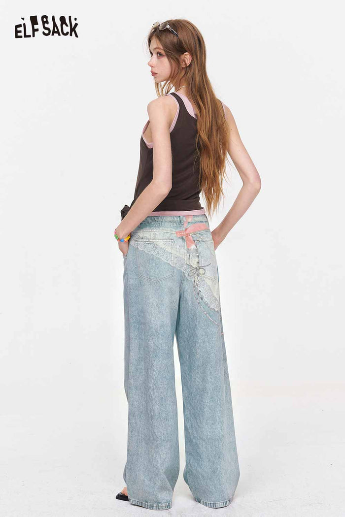 ELFSACK Lace Bow Shell Print Wide Leg Jeans