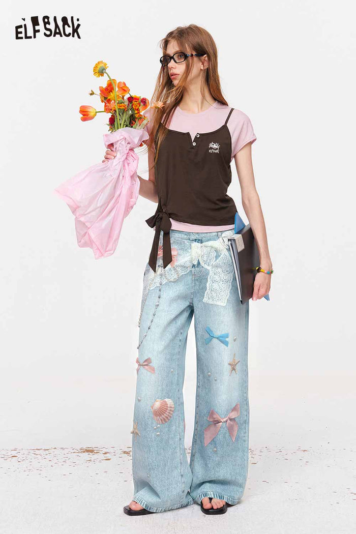 ELFSACK Lace Bow Shell Print Wide Leg Jeans