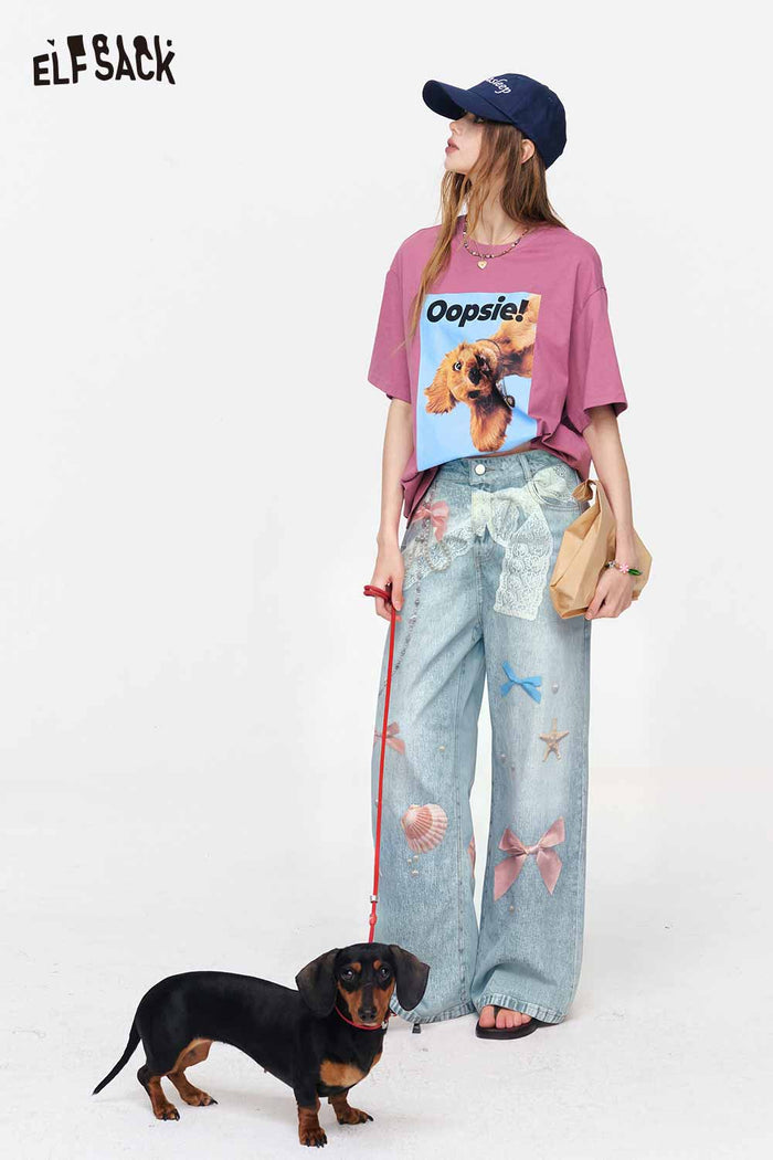 ELFSACK Lace Bow Shell Print Wide Leg Jeans
