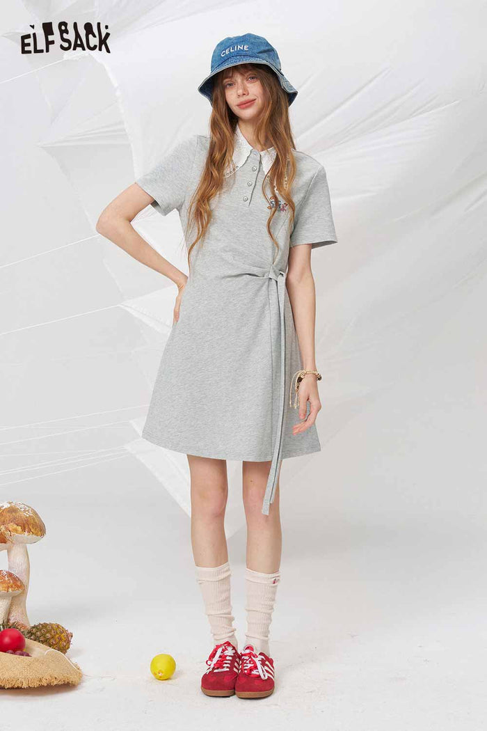 ELFSACK Lace Collar Bow Waist Polo Dress