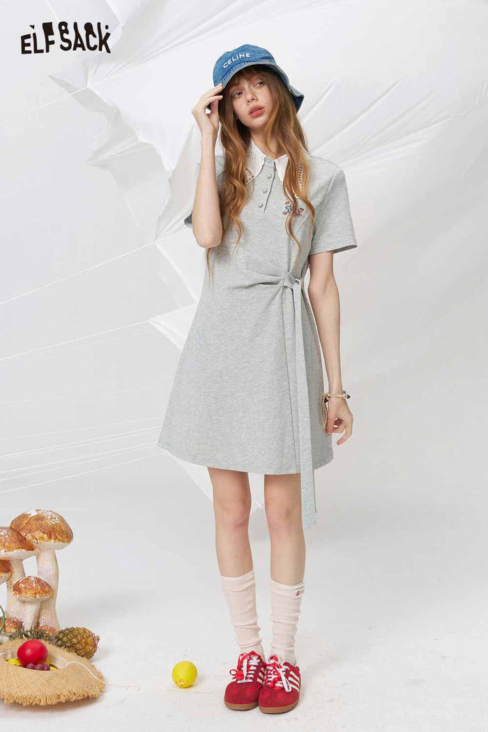 ELFSACK Lace Collar Bow Waist Polo Dress