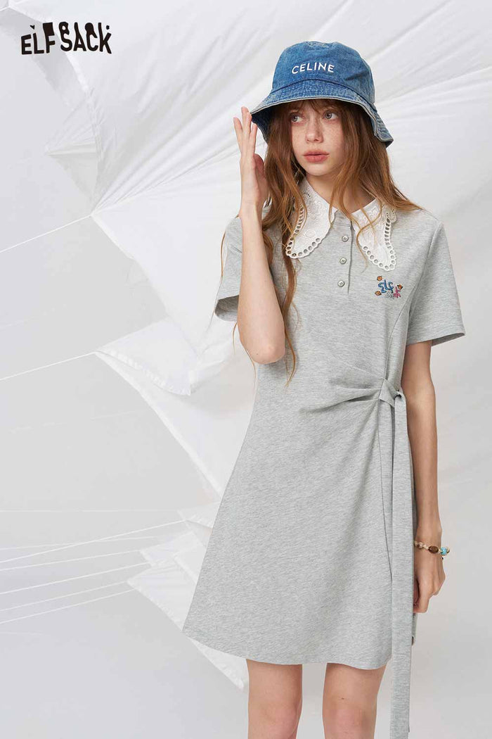 ELFSACK Lace Collar Bow Waist Polo Dress