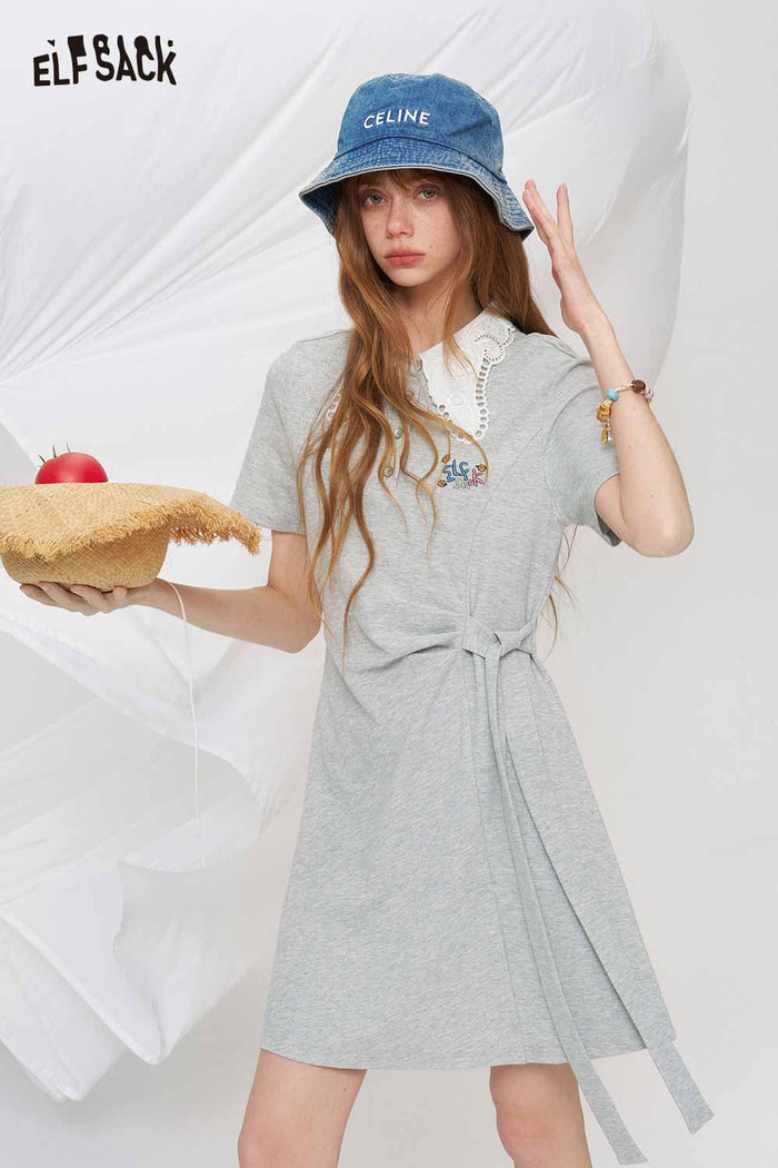 ELFSACK Lace Collar Bow Waist Polo Dress