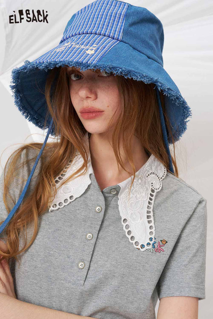 ELFSACK Lace Collar Embroidered Polo Shirt