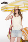ELFSACK Lace Hollowed Out Sleeveless Chiffon Shirt