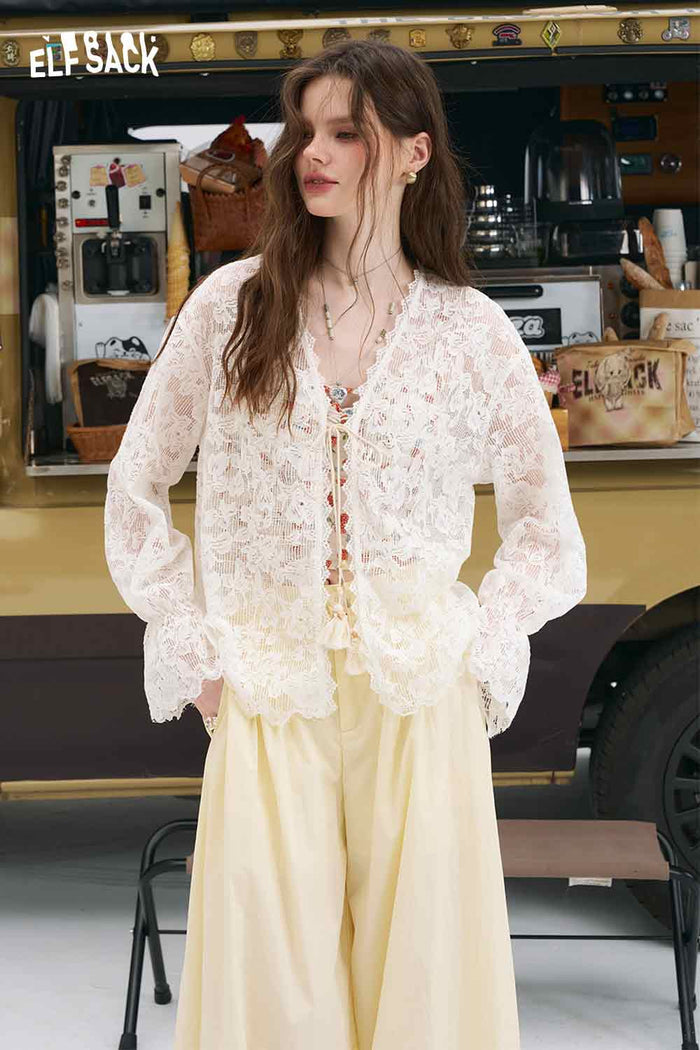 ELFSACK Lace & Mesh Cut-Out Knitted Blouse