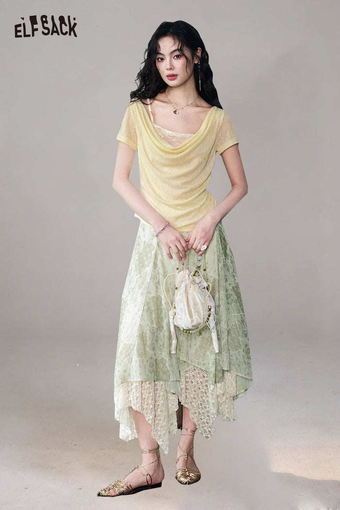 ELFSACK Lace Patchwork Asymmetrical Midi Skirt