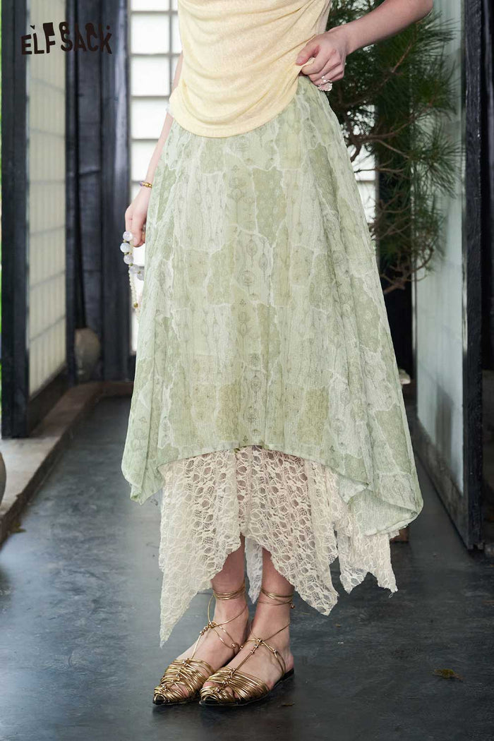 ELFSACK Lace Patchwork Asymmetrical Midi Skirt