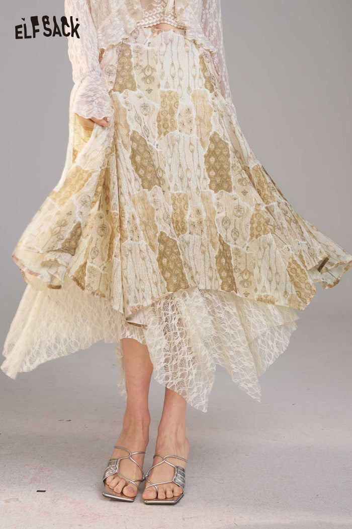 ELFSACK Lace Patchwork Asymmetrical Midi Skirt