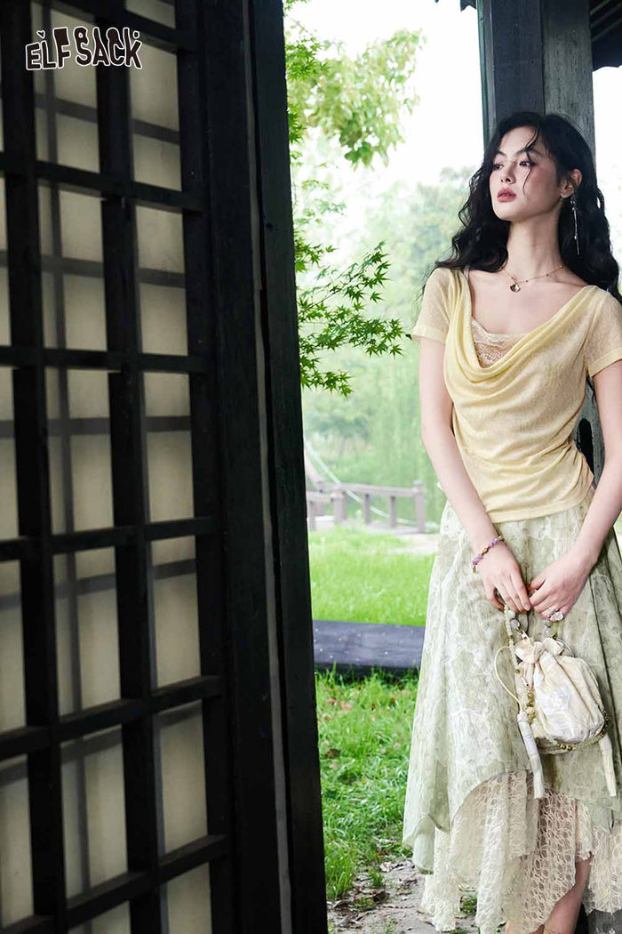ELFSACK Lace Patchwork Asymmetrical Midi Skirt