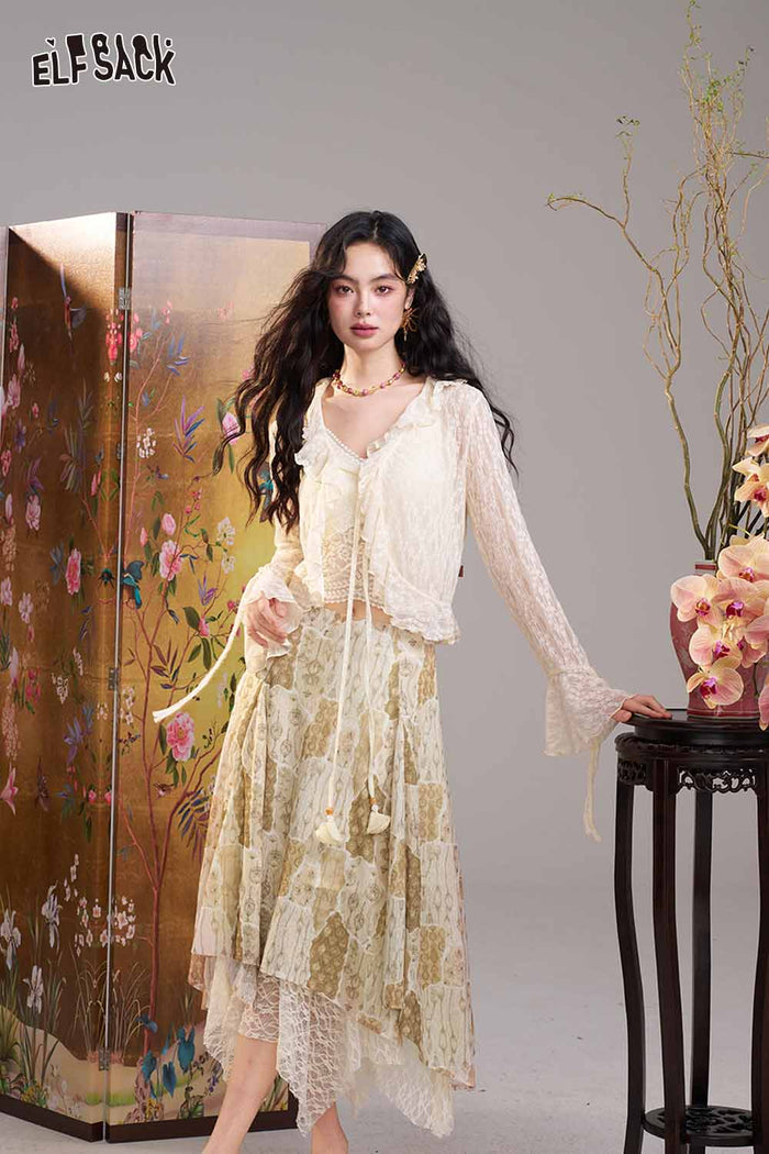 ELFSACK Lace Patchwork Asymmetrical Midi Skirt