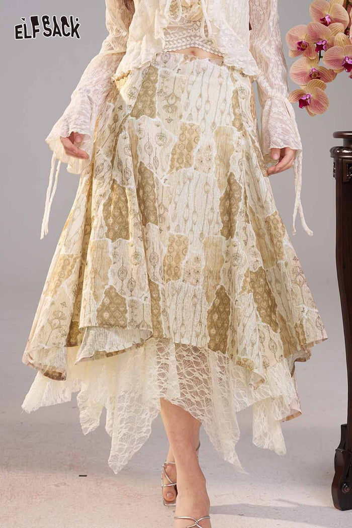 ELFSACK Lace Patchwork Asymmetrical Midi Skirt