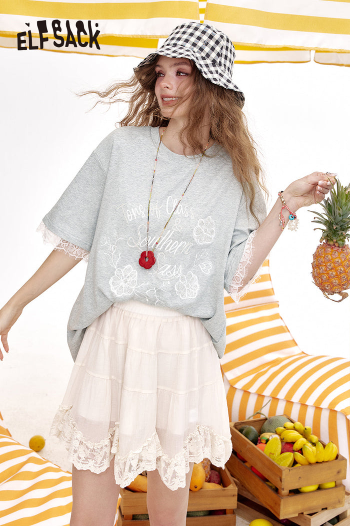 ELFSACK Lace Patchwork Casual Short Sleeve T-Shirt