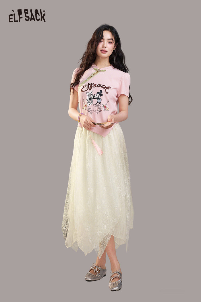ELFSACK Lace Tiered Asymmetric Hem Maxi Skirt