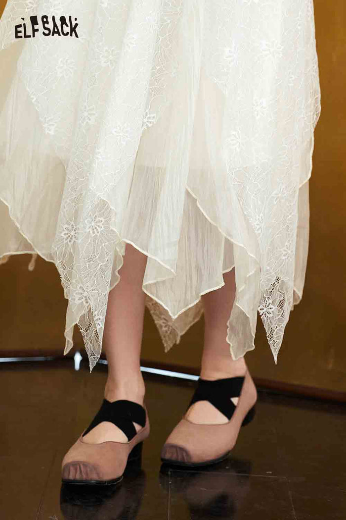 ELFSACK Lace Tiered Asymmetric Hem Maxi Skirt
