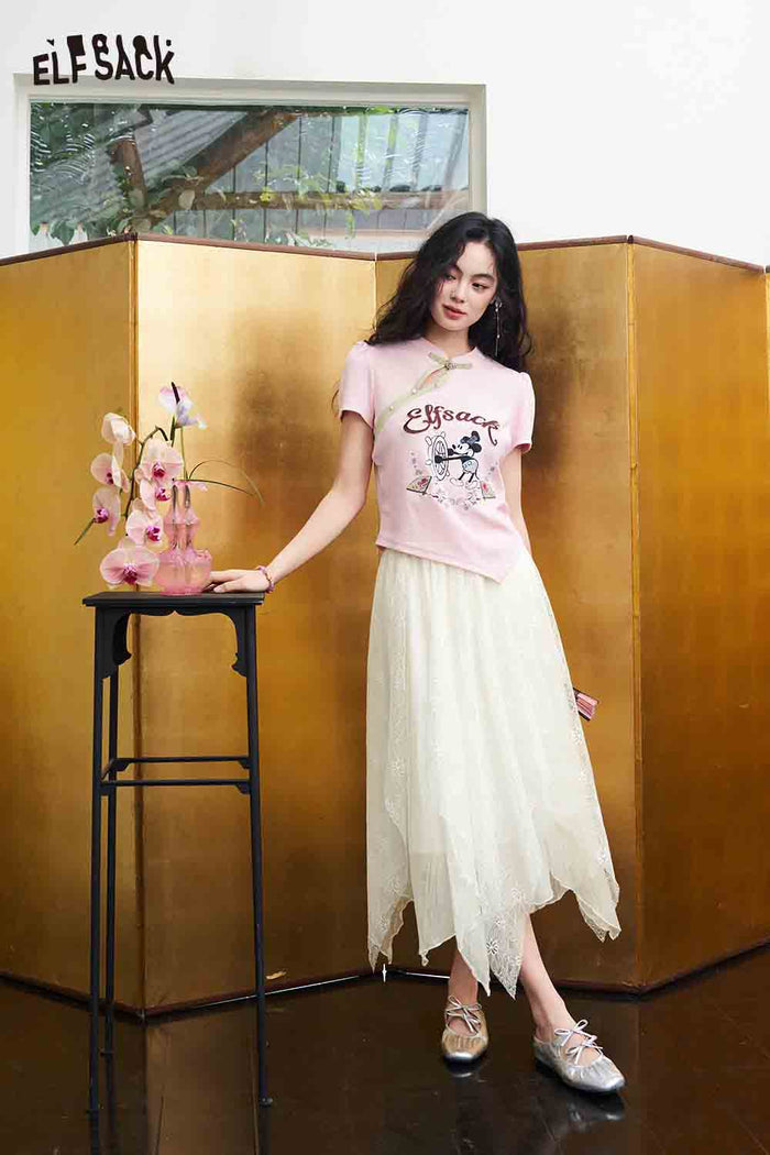 ELFSACK Lace Tiered Asymmetric Hem Maxi Skirt