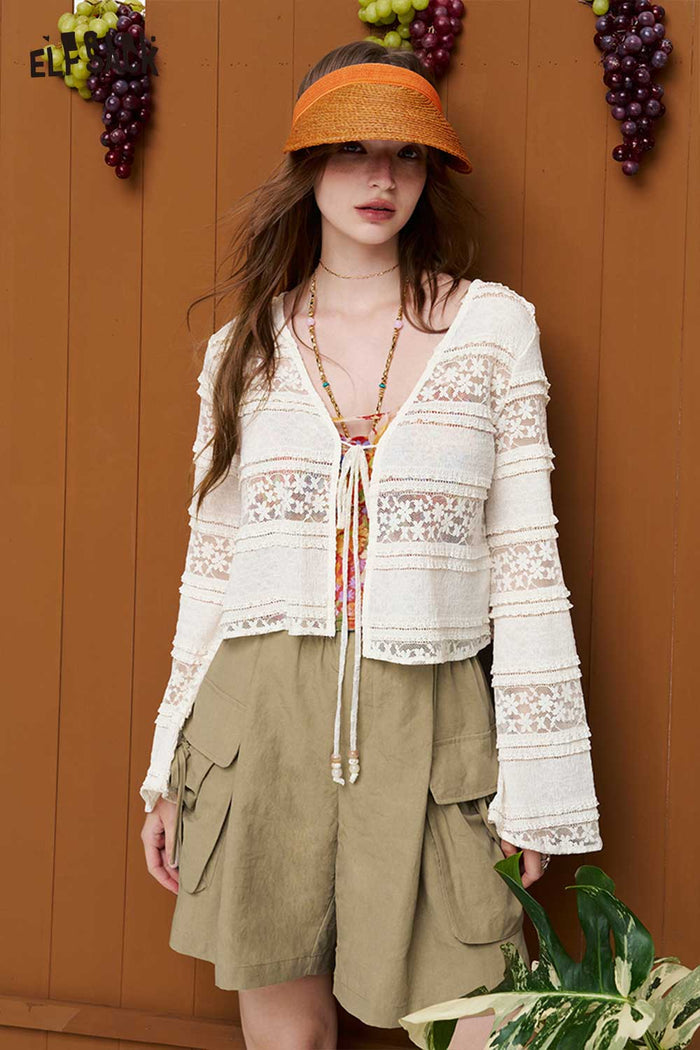 ELFSACK Lace Tiered Bell Sleeve Cropped Cardigan