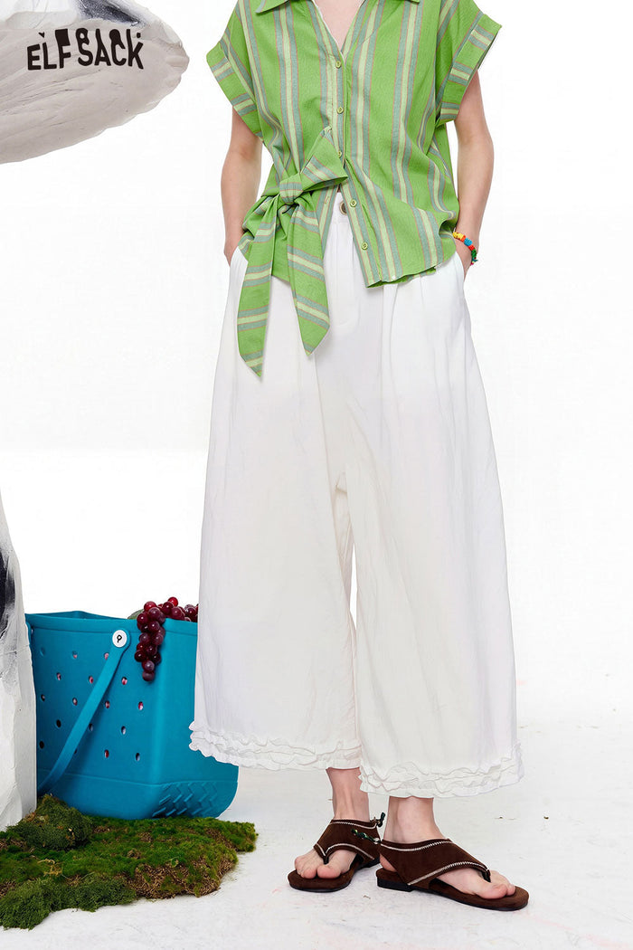 ELFSACK Lace Trim Hem High Waist Wide Leg Pants
