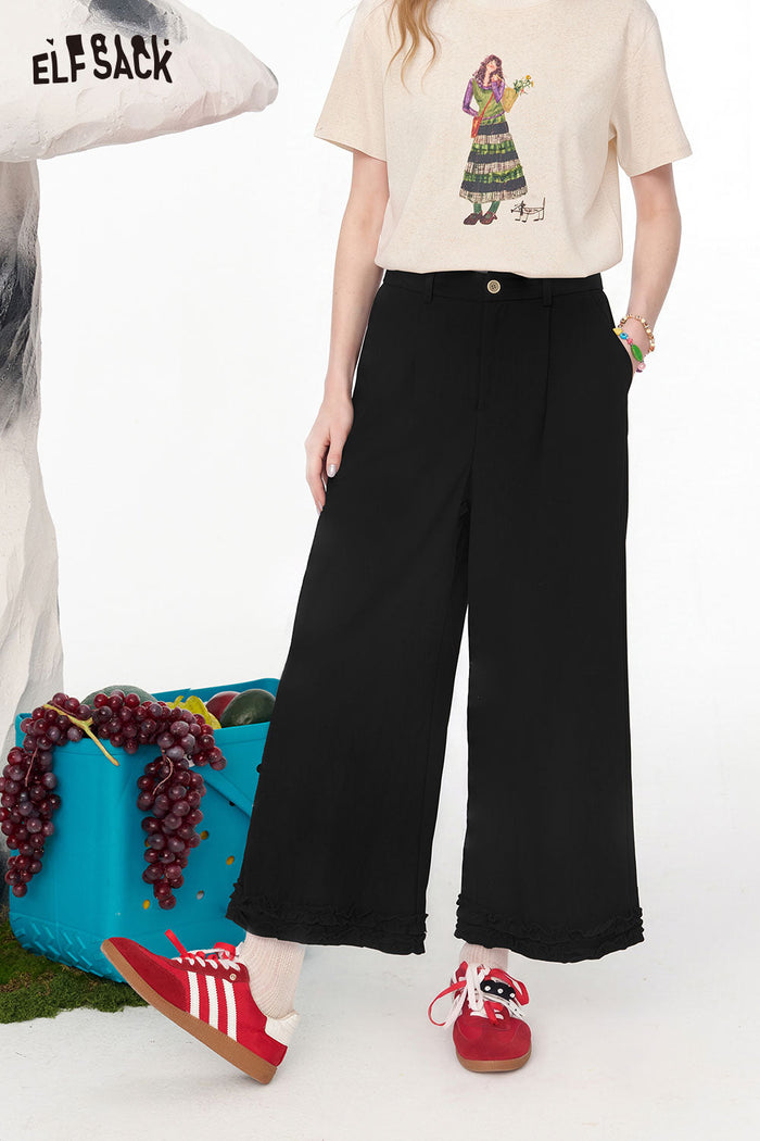 ELFSACK Lace Trim Hem High Waist Wide Leg Pants