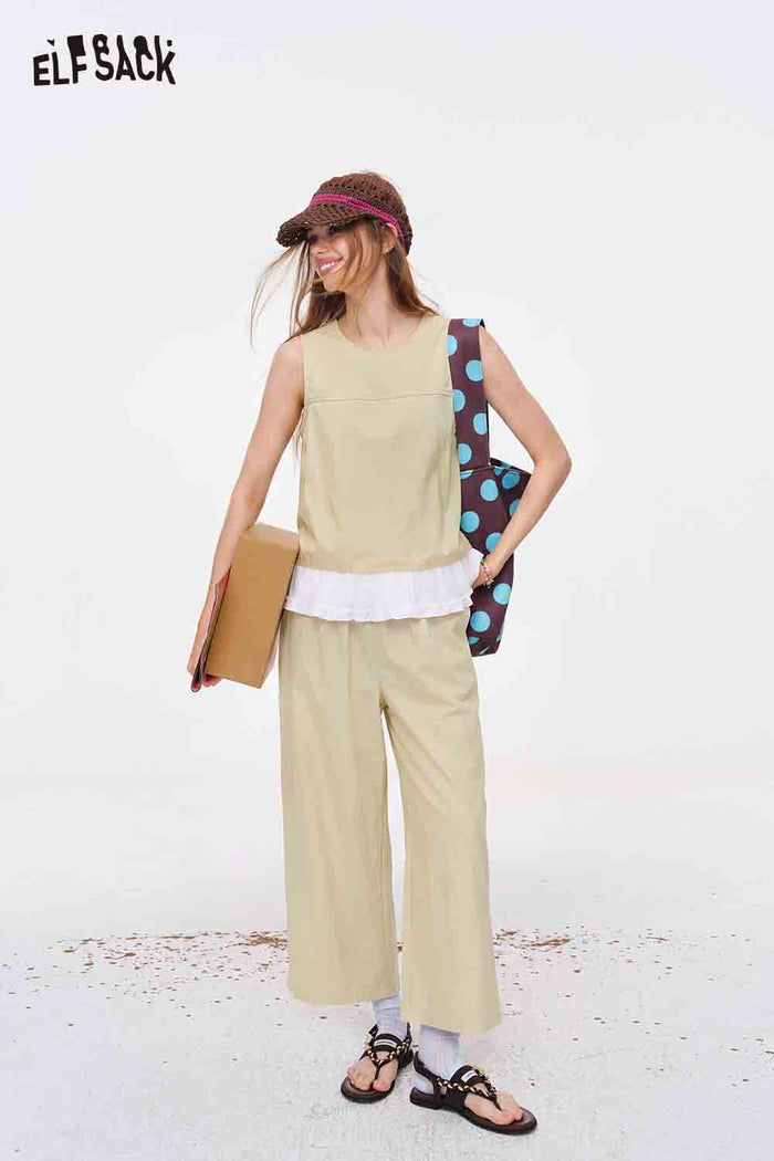 ELFSACK Lace Trim Sleeveless Top and Wide Leg Pants Set