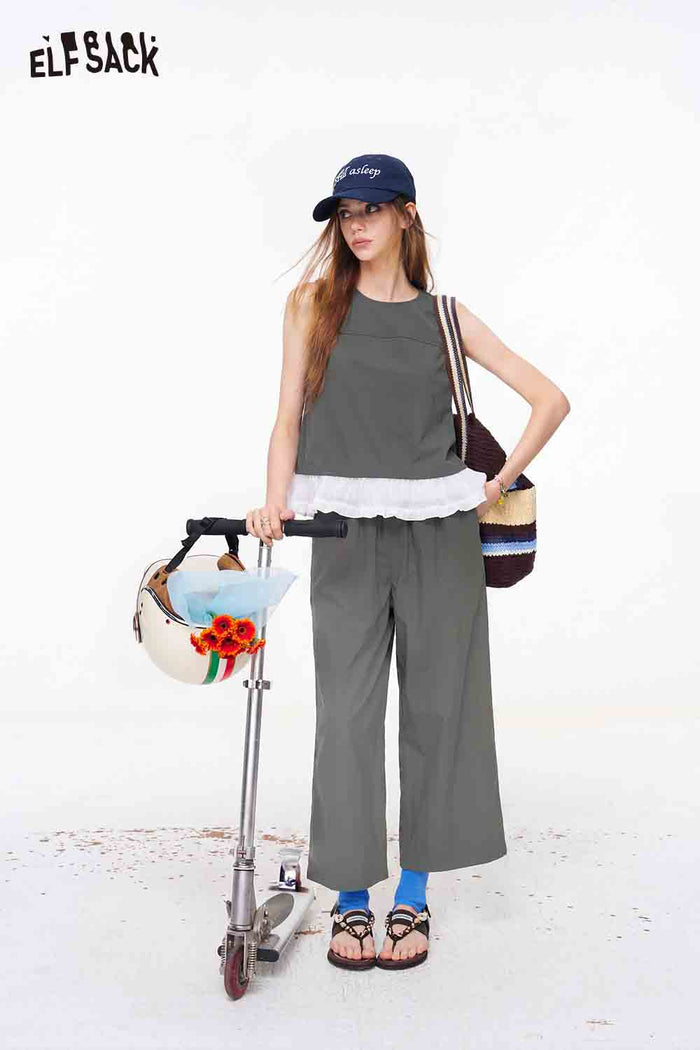 ELFSACK Lace Trim Sleeveless Top and Wide Leg Pants Set