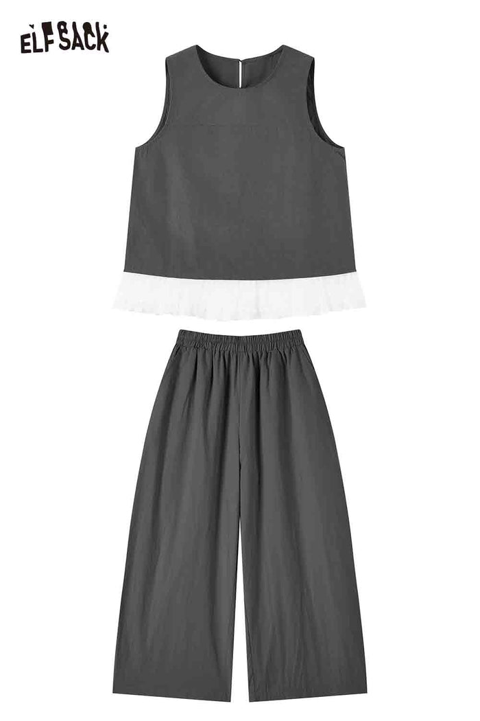 ELFSACK Lace Trim Sleeveless Top and Wide Leg Pants Set