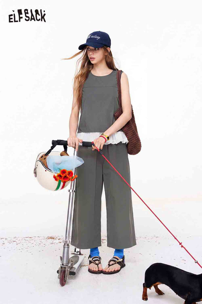 ELFSACK Lace Trim Sleeveless Top and Wide Leg Pants Set