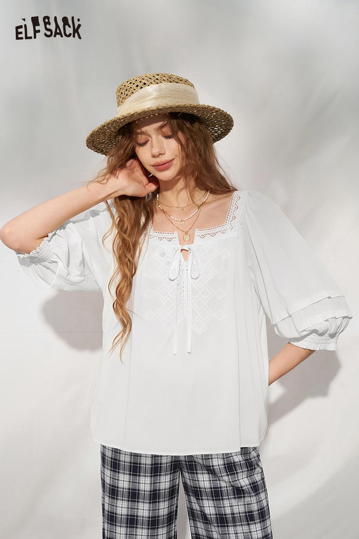 ELFSACK Lace Trim Square Neck Puff Sleeve Blouse