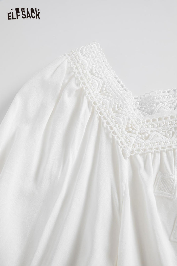 ELFSACK Lace Trim Square Neck Puff Sleeve Blouse