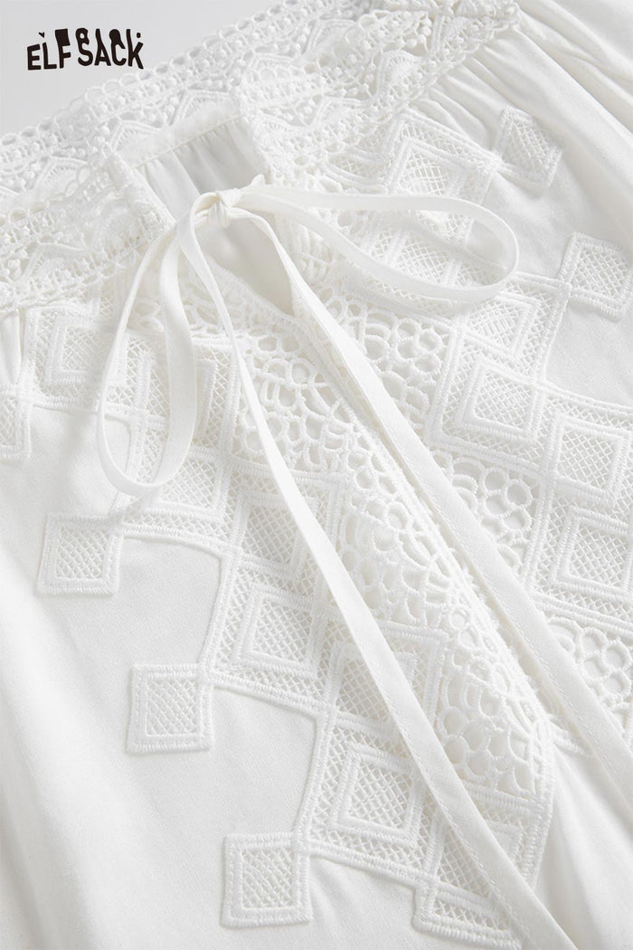 ELFSACK Lace Trim Square Neck Puff Sleeve Blouse