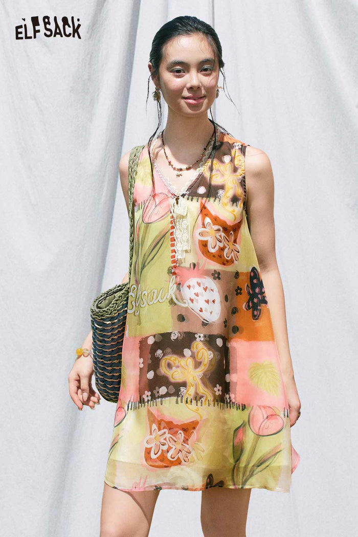 ELFSACK Layered Patchwork Print Mini Dress