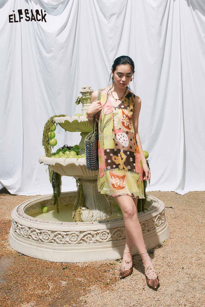 ELFSACK Layered Patchwork Print Mini Dress