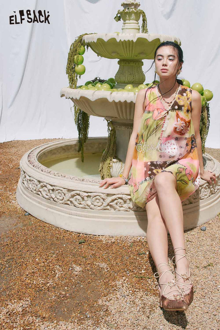 ELFSACK Layered Patchwork Print Mini Dress