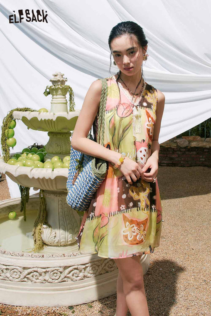 ELFSACK Layered Patchwork Print Mini Dress