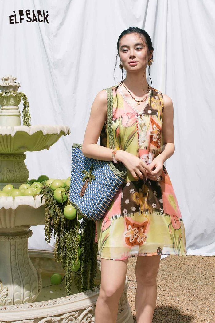 ELFSACK Layered Patchwork Print Mini Dress