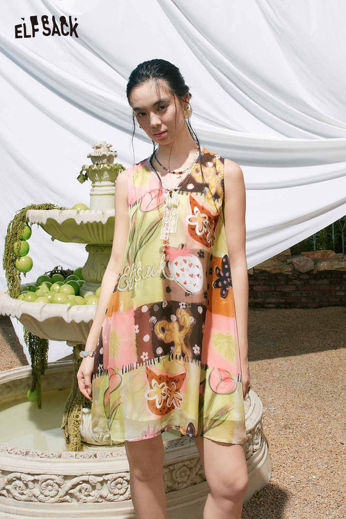 ELFSACK Layered Patchwork Print Mini Dress